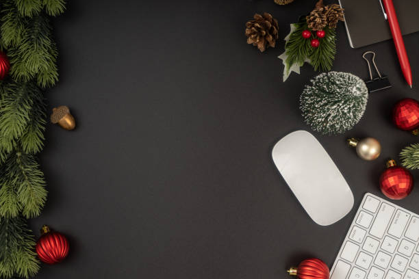 istock Home office table with Christmas decorations, keyboard. Flat lay, top view. Christmas workspace. 1814305154