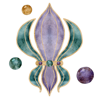 Hand drawn watercolor Mardi Gras carnival symbols. Lily iris flower French fleur de lis, purple green gold beads. Single object isolated on white background. Design for party invitation, print, shop