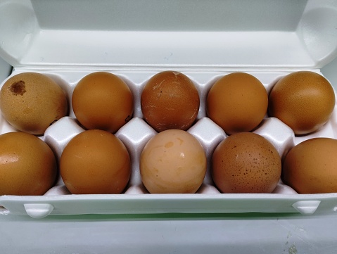 homemade chicken eggs in packaging on store shelves