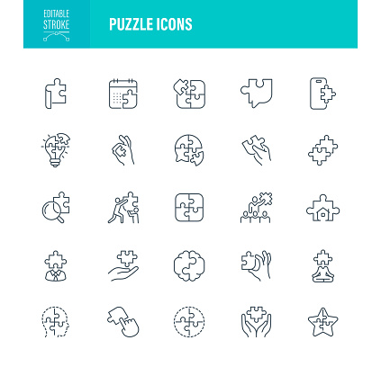 Puzzle Icon Set. Editable Stroke. Contains such icons as Puzzle, strategy, solution, planning, brain, business strategy, creativity, human resources, analyzing