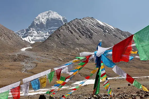 Holy Mount Kailash in Tibet and Buddhist prayer flags on foreground