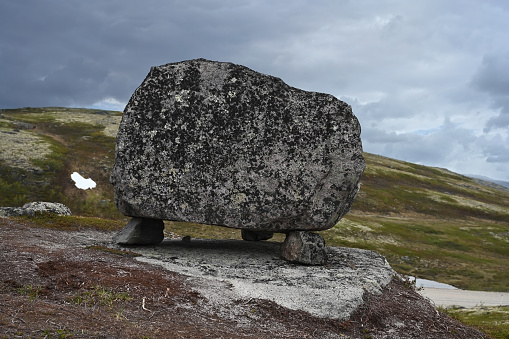 Seid is Sami cultural item, usually a rock with unusual shape standing on three stones. Kola Peninsula, northern Russia