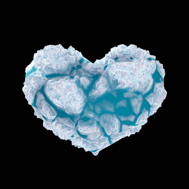 3d blue ice heart shape with ice crystals black background. frozen heart symbol cracked. concept is cold-hearted, heartbroken, unloved, cold and closed-hearted. clipping path. 3D Illustration. forma de corazón de hielo azul 3d con fondo negro de cristales de hielo. el símbolo del corazón congelado se rompió. el concepto es de corazón frío, con el corazón roto, sin amor, frío y de corazón cerrado. trazado de recorte. ilustración 3d.