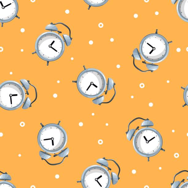 istock Pattern with alarm clocks. Seamless pattern. Cute blue clocks or alarm clocks on a yellow background. Back to school. Time to wake up, deadlines. Flat illustration, posters and postcards. 1814413372