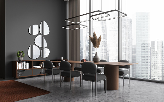 Dark home living room interior with wooden table and chairs, side view sideboard with decoration on grey concrete floor. Panoramic window on Singapore skyscrapers. 3D rendering