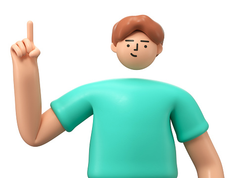 A 3D cartoon character standing and showing hand at direction,with index finger up gesture, 3d rendering,conceptual image, isolated on white background.