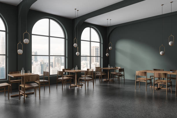 istock Green cafeteria interior with chairs and table near window, eating space 1814415522