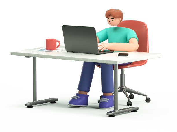 istock A 3D cartoon character is sitting at desktop. 1814415528