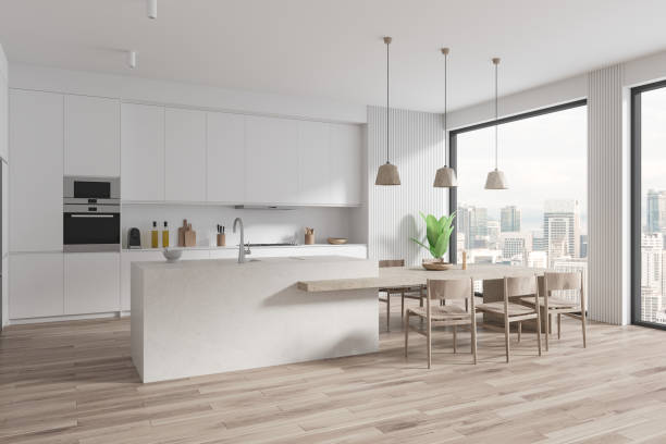 istock Elegant home kitchen interior with cooking and dining area, panoramic window 1814417658