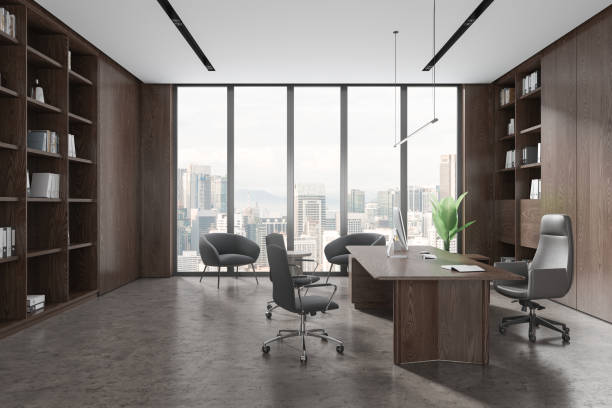 istock Wooden CEO office interior with armchairs and bookcase 1814418186