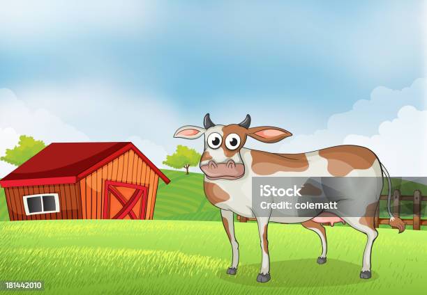 Ilustración de Vaca En Granja Con Una Casa De Madera En La Parte Posterior y más Vectores Libres de Derechos de Agricultor