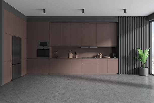 istock Grey home kitchen interior with cooking room, fridge and panoramic window 1814420286