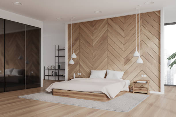 istock Modern home bedroom interior with bed and glass wardrobe, panoramic window 1814422856