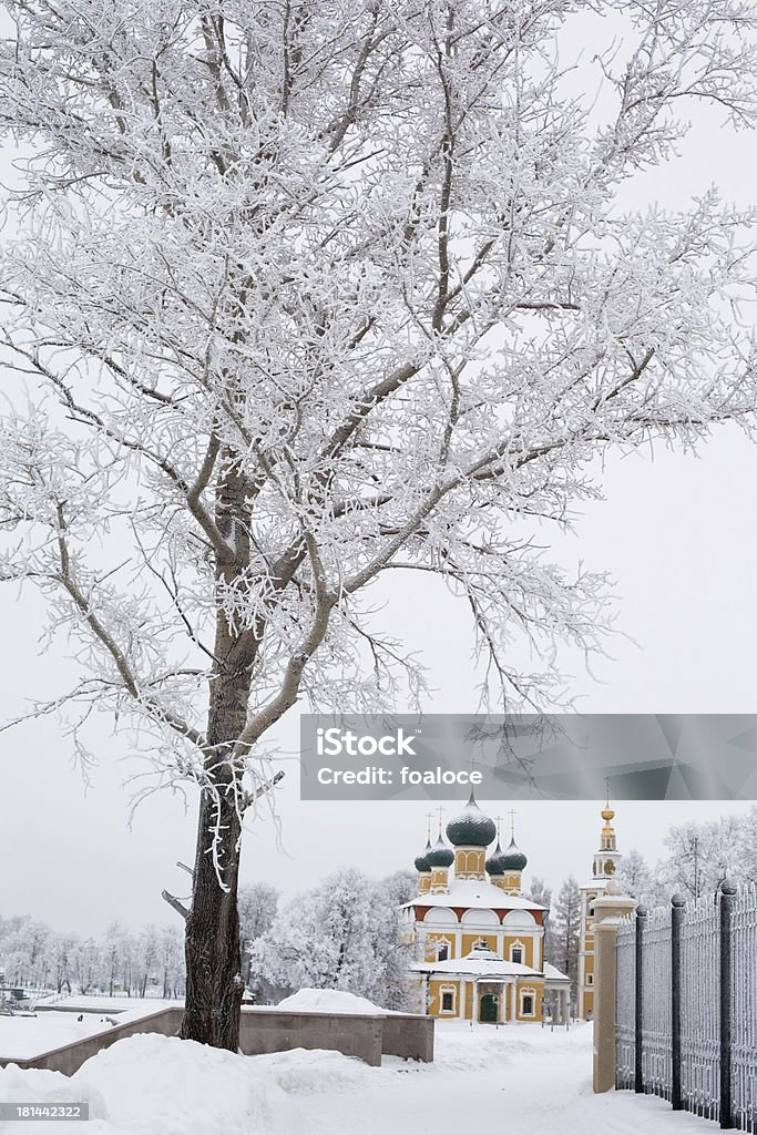 White trees and yellow church White trees and yellow church in winter in Uglich. Architectural Dome Stock Photo