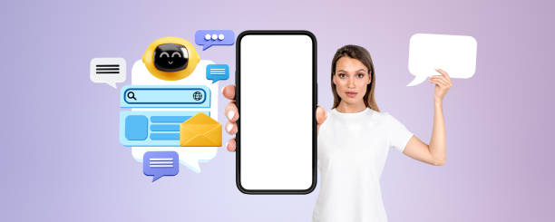 istock Woman with mock up phone screen, chat bot text bubbles and search bar 1814427624