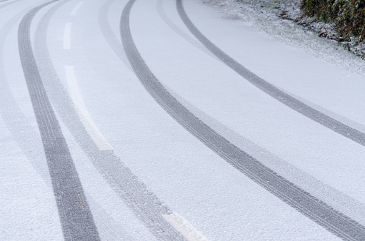 wheel marks of a car on a snowy road