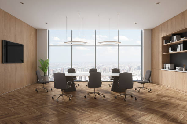 istock Wooden office room interior with meeting board and tv display, panoramic window 1814433031