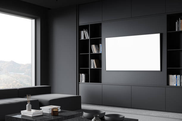 istock Grey living room interior with tv screen, sofa and decoration, mockup screen 1814436773