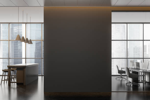istock Grey business interior with bar counter, coworking space and mockup wall 1814441199
