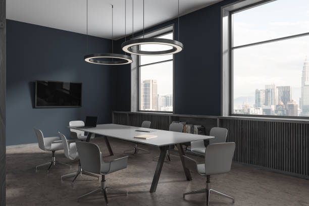 istock Dark business room interior with meeting table and seats, panoramic window 1814442578