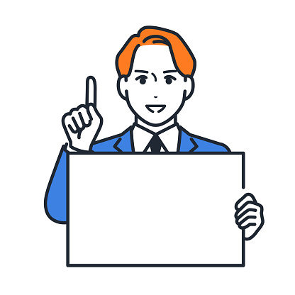 A simple vector illustration of a young businessman holding a flip and doing a pointing pose