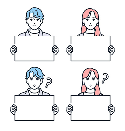Simple vector illustration set material of young men and women holding whiteboards