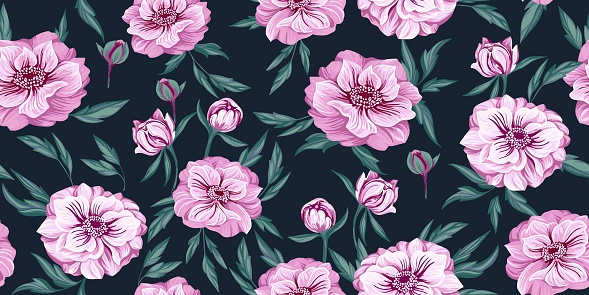 istock Seamless pattern with blooming flowers ranunculus and leaves. Vector hand drawn. Colorful elegant purple floral pattern on a dark background. Design for fashion, fabric, wallpaper. 1814467103