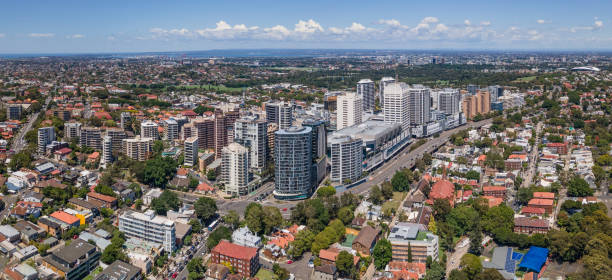 Panoramic aerial drone view of Bondi Junction in the Eastern Suburbs of Sydney, NSW on a sunny day Panoramic aerial drone view of Bondi Junction in the Eastern Suburbs of Sydney, NSW Australia on a sunny day bondi junction stock pictures, royalty-free photos & images