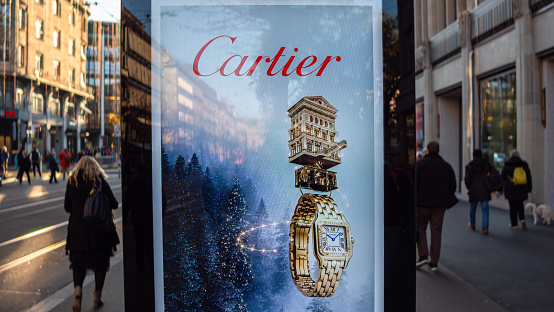 Zurich, Switzerland - November 23, 2023: Cartier is a French luxury-goods conglomerate that designs, manufactures, distributes, and sells jewellery, leather goods, and watches.