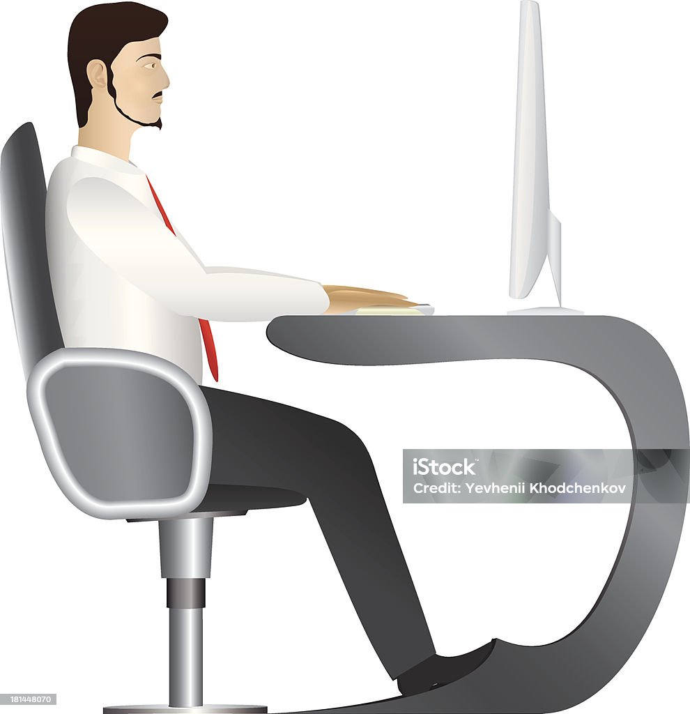 Man working at computer. Vector Office worker in white shirt and red tie sitting in comfortable armchair at apple form table and working on desktop computer. Businessman stock vector