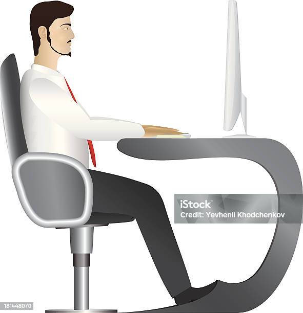 Man Working At Computer Vector Stock Illustration - Download Image Now - Businessman, Button Down Shirt, Sitting