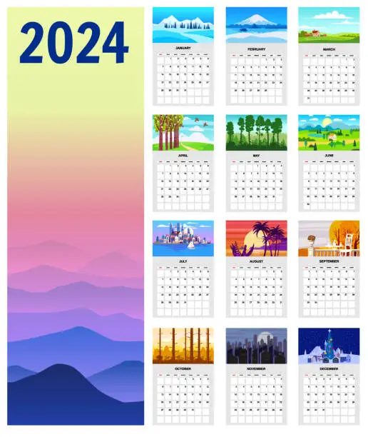 Vector illustration of 2024 Wall Calendar planner set of 12 minimalistic landscape natural backgrounds of four seasons