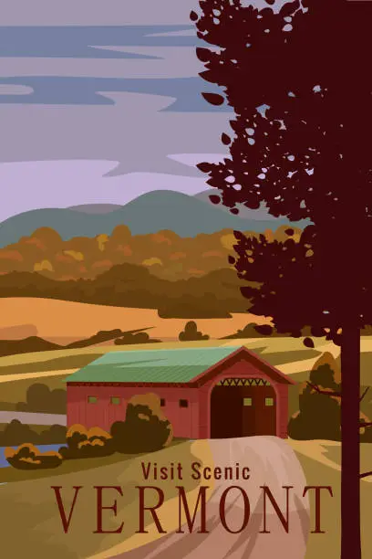 Vector illustration of Travel Poster Vermont USA, autumn rural landscape