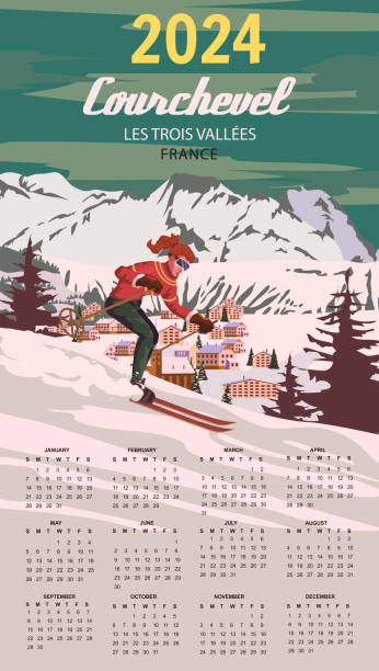 ilustrações, clipart, desenhos animados e ícones de calendário 2024 ski courchevel resort poster de parede vintage - trois vallees illustrations