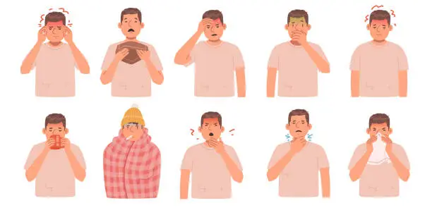 Vector illustration of Man with the flu. Set of cold symptoms, headache, runny nose, cough, fever, sore throat. Sick guy