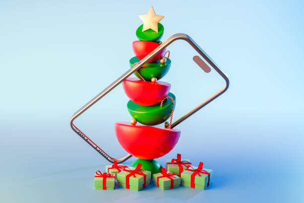 christmas tree in a smart phone screen in blue background with copy space for your design. 3d render stock photo
