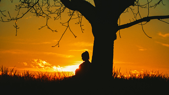 Graceful side view,silhouette of a pregnant woman,hands on stomach,leaning against a single bare tree,set against a dramatic sky during the enchanting sunset