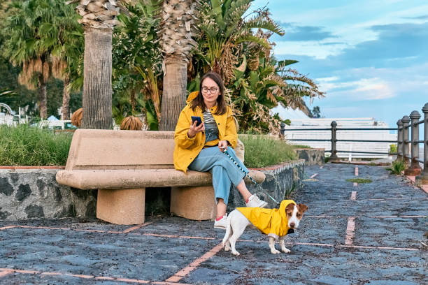 istock Woman dressed in yellow jacket using smartphone while taking a walk on the seafront with her cute Jack Russell Terrier dressed in a yellow raincoat on a spring or autumn day. 1814531188