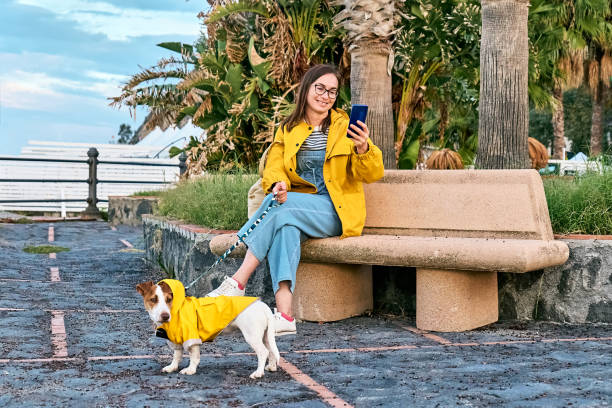 istock Smiling woman dressed in yellow jacket using smartphone while taking a walk on the seafront with her cute Jack Russell Terrier dressed in a yellow raincoat on a spring or autumn day. 1814533826