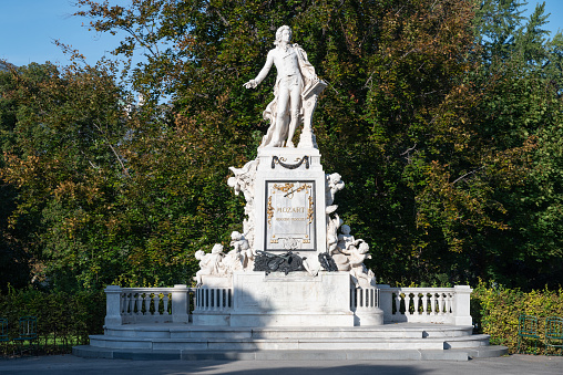 Vienna, Austria. 29 September 2023 Monument of famous composer Wolfgang Amadeus Mozart in Burggarten