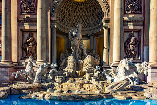 Las Vegas; USA; January 18, 2023: The fabulous replica of Caesars Palace Fontana di Trevi in the middle of the Las Vegas Boulevard and Las Vegas Strip where there are many casinos and hotels.