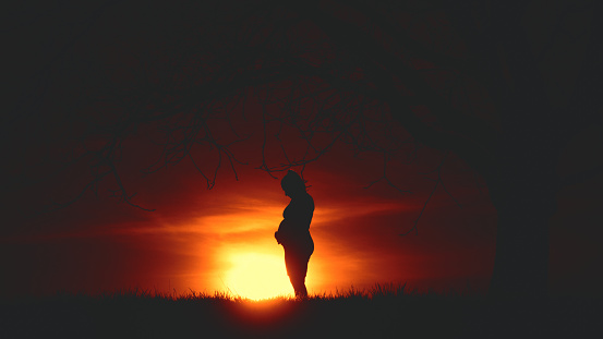 Awaiting the miracle of life,A silhouette captures the tender moment as a pregnant woman stands beneath a lone,bare tree,hands cradling her stomach. Against a bright orange sunset sky,the scene embodies the serene beauty of motherhood