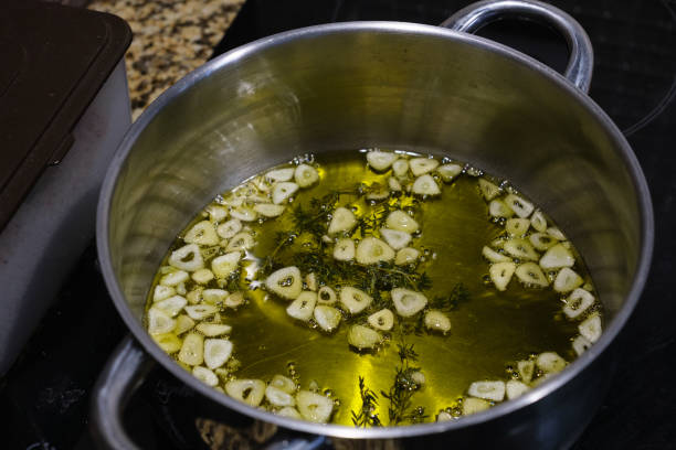 Close up of garlic in olive oil