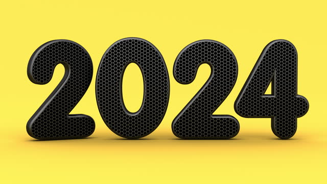 Seamless loop. Happy New Year 2024. Black text isolated on the yellow background.