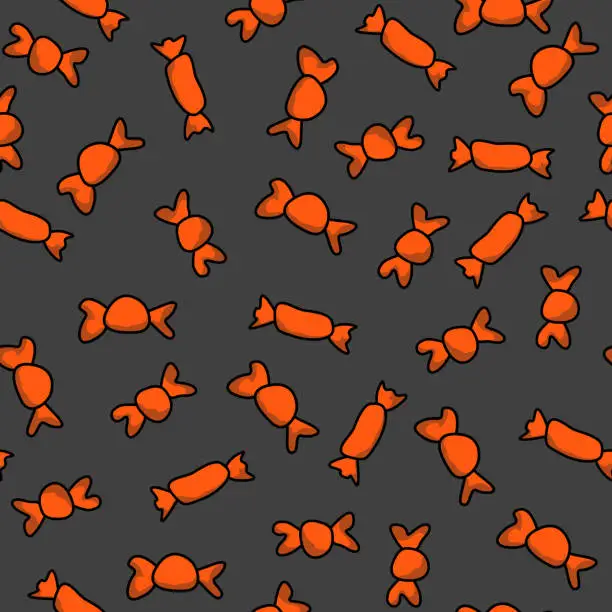 Vector illustration of Seamless abstract pattern with candy, sweets. Orange, dark gray, black. Vector. Halloween. Design for textile fabrics, wrapping paper, background, wallpaper, cover.