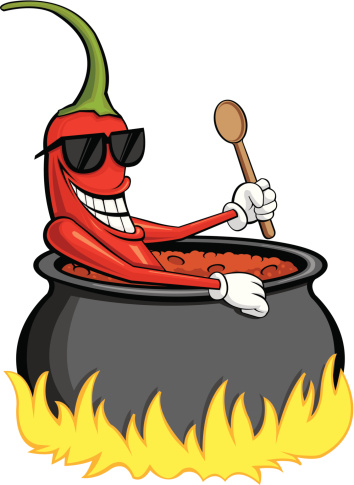 This is a chili pepper sitting in a pot of boiling hot chili holding a wooden spoon. Great for chili cook offs.