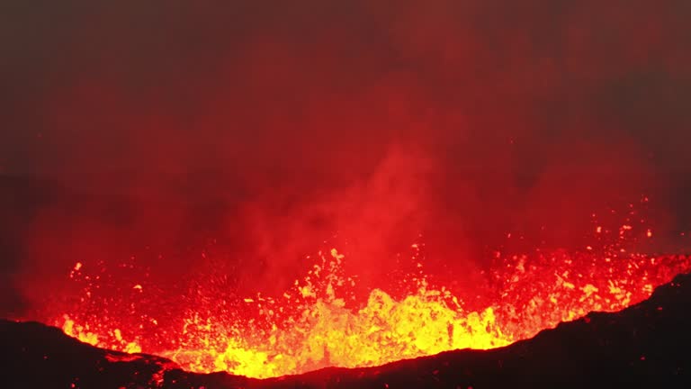 Aerial Panoramic footage of Litli-Hrútur Volcano Eruption.