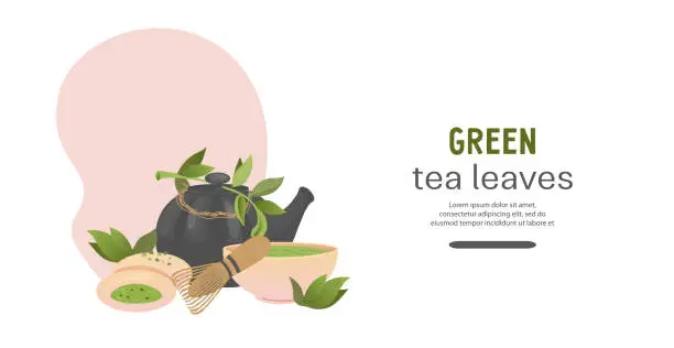 Vector illustration of Matcha and green tea drinks web banner for teahouse and store, vector.