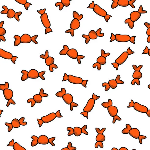 Vector illustration of Seamless abstract pattern with candy, sweets. Orange, black. Vector. Halloween. Design for textile fabrics, wrapping paper, background, wallpaper, cover.