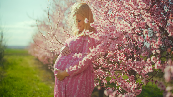 A side view captures the beauty of a pregnant woman standing by a cherry tree in the park,hands tenderly on her stomach. A serene moment,where nature mirrors the grace of impending motherhood